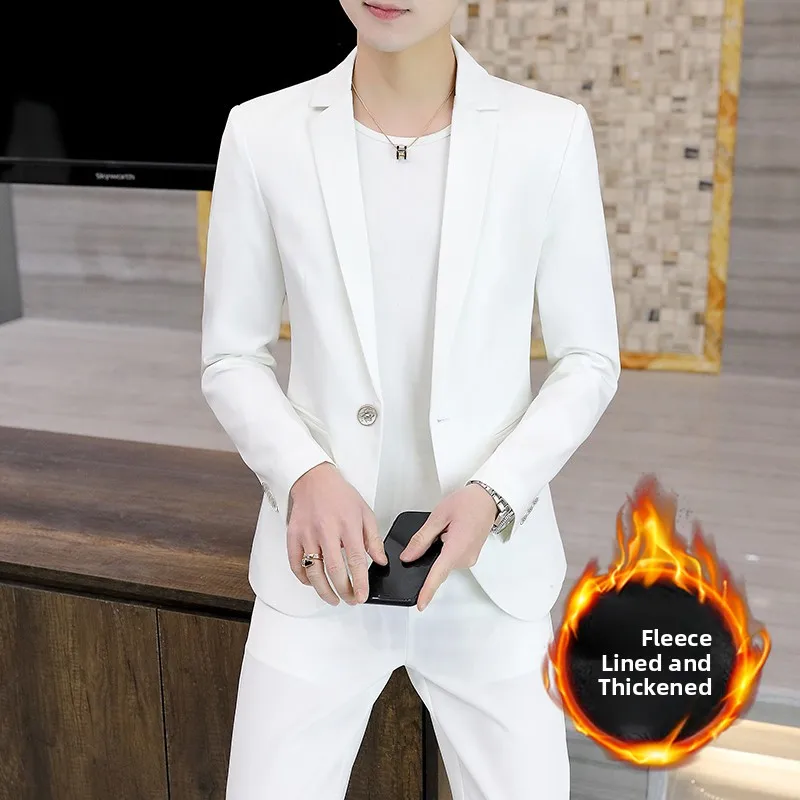 

Men's Fce Lined Thiened Casual Suit Set White Autumn Winter Polyester Spandex Stand Fit Single Button Pure Color