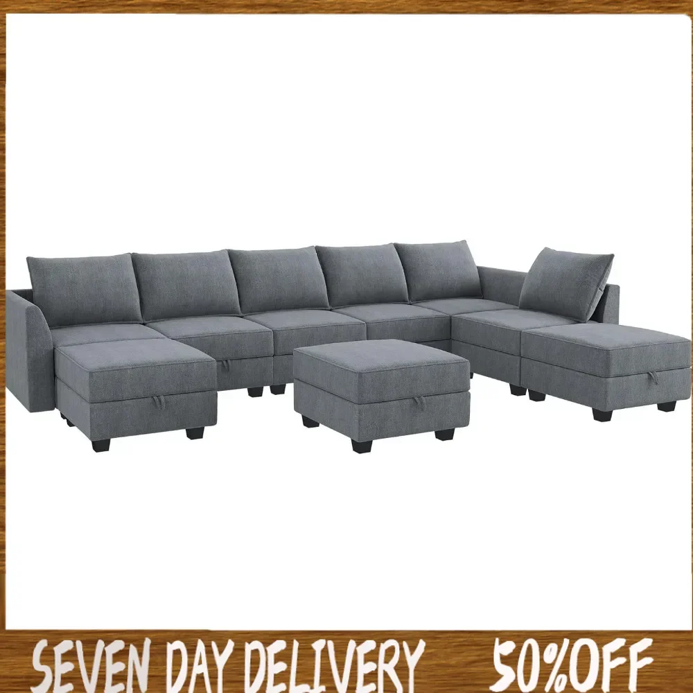 

Living Room sofa - living room decoration with storage seat, foot mat, convertible U-shaped sofa free shipping Bluish Grey