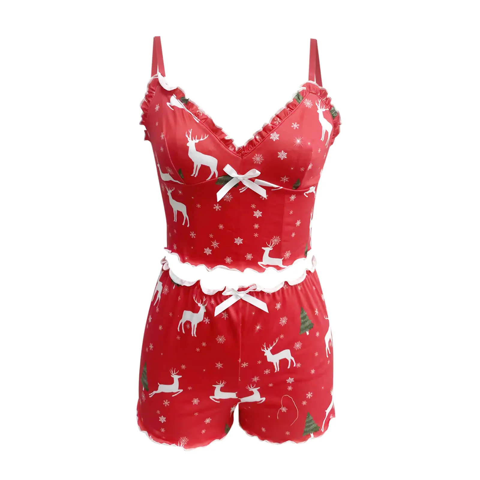 Womens Christmas Pajamas Set Camisole Bralette Shorts Two Piece Sleepwear Underwear Xmas Satin Silk Lace Cami Vest Shorts Pijama