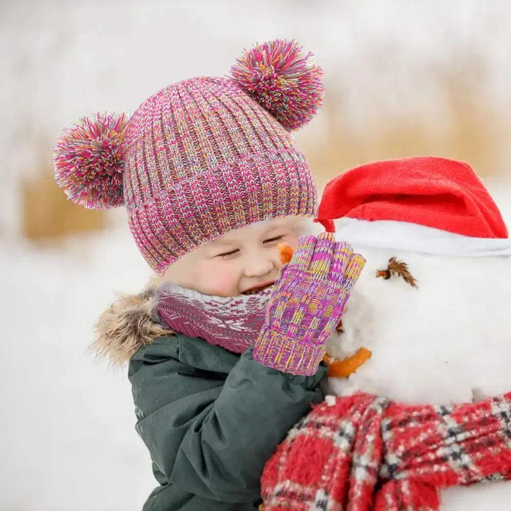 Conjunto de gorro de punto de felpa cálida para niños, conjunto de guantes de bufanda con bola de piel antideslizante, decoración para exteriores, a