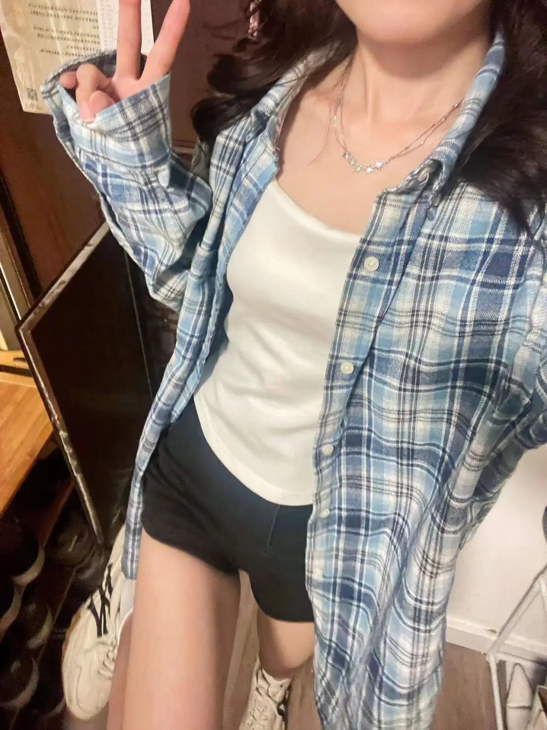 Sunscreen Trendy Hong Kong Style Blue Checkered Shirt Paired with Women\'s Loose and Lazy Style Mid Length Shirt