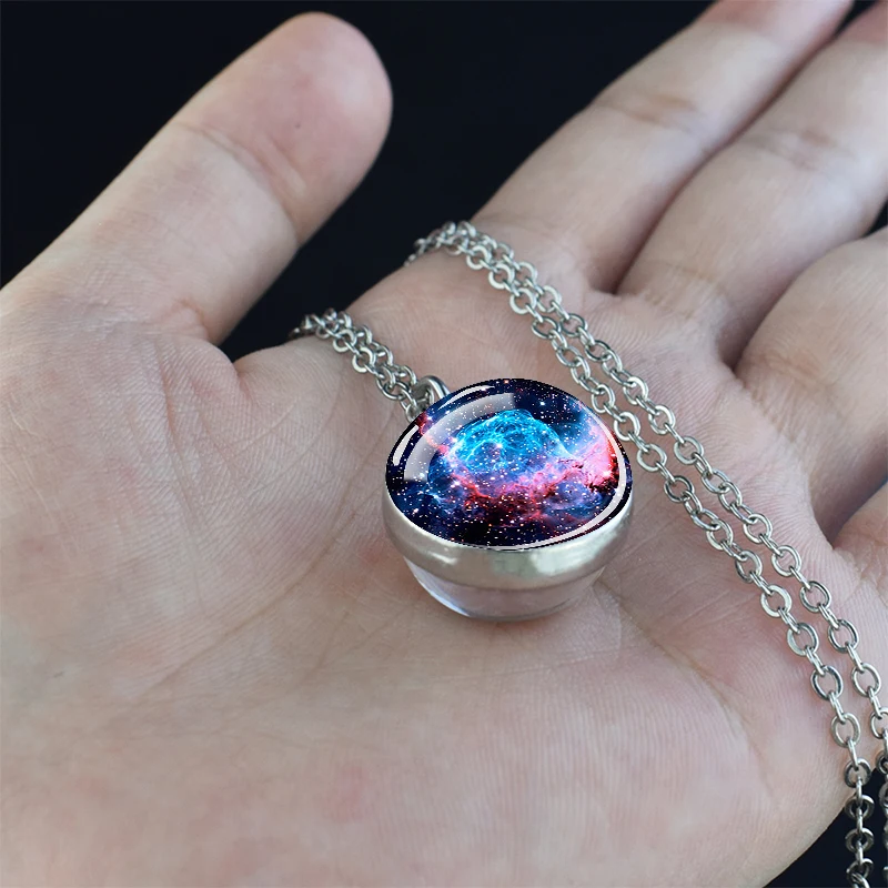 Planet Aurora Necklaces Color Nebula Star Moon Two-Side Glass Ball Pendant Necklace for Women Men Space Astronomy Jewelry Gift