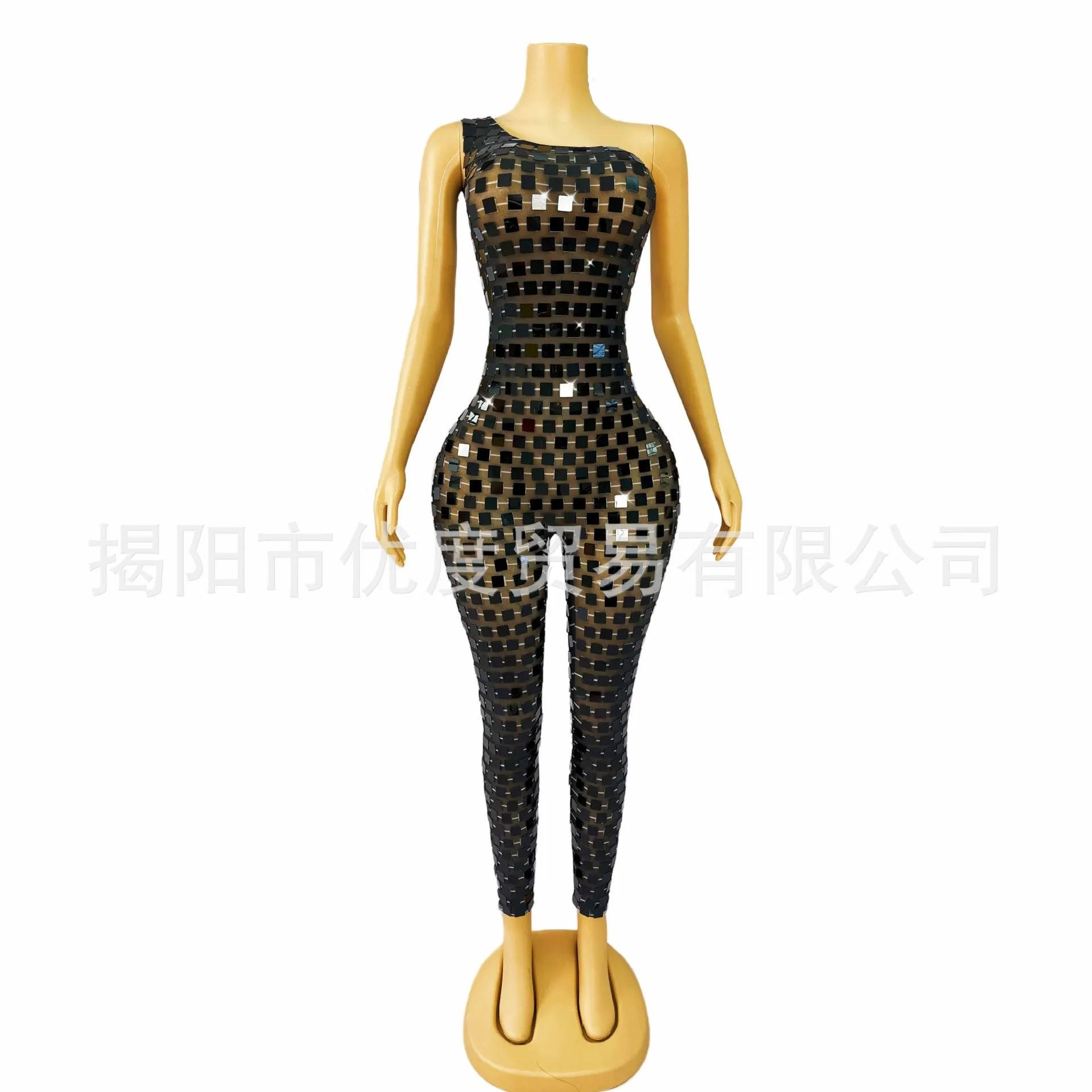 

Black Shiny Perspective Sexy Shoulder Lenses Cocktail Party Performance Night Stage Jumpsuit Black Label Pants Vestido De Fiesta