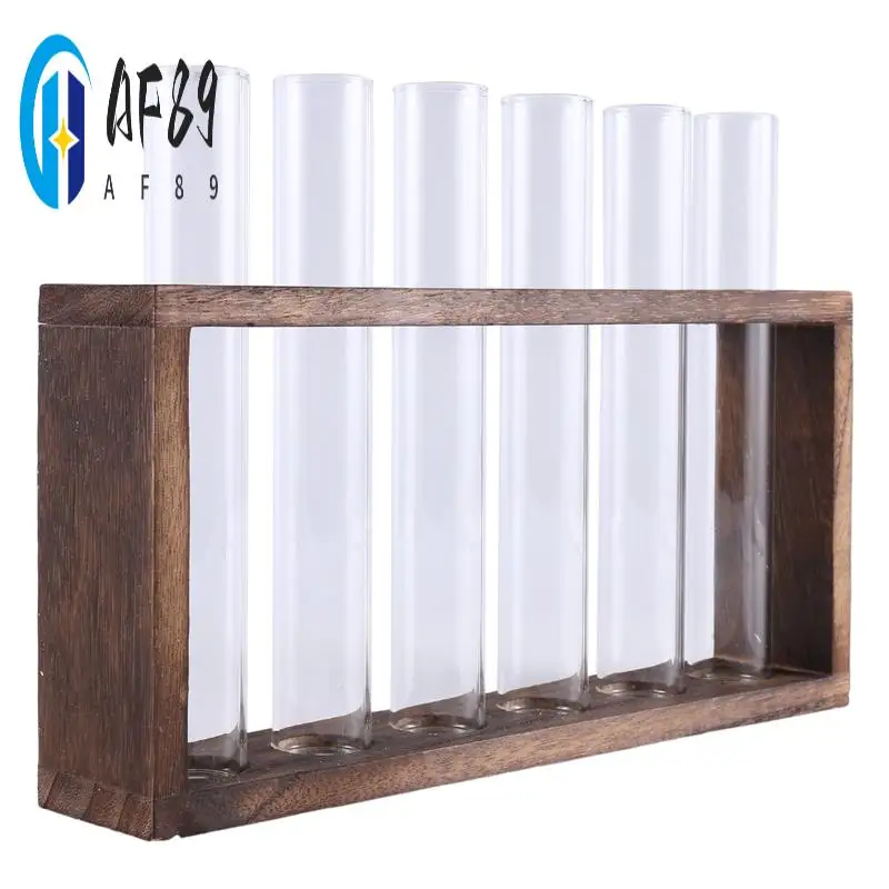 

AF89-Plant Terrarium With Wooden Stand, Desktop/Wall Hanging Live Plant Propagation Station Planters Glass Tubes Hydroponic