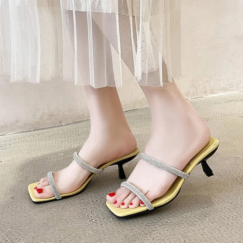 

New Summer Women Slippers Fashion Bling Rhinestone Sandal Ladies Thin High Heel Brand Elegant Slides Shoes Party Dress Pumps