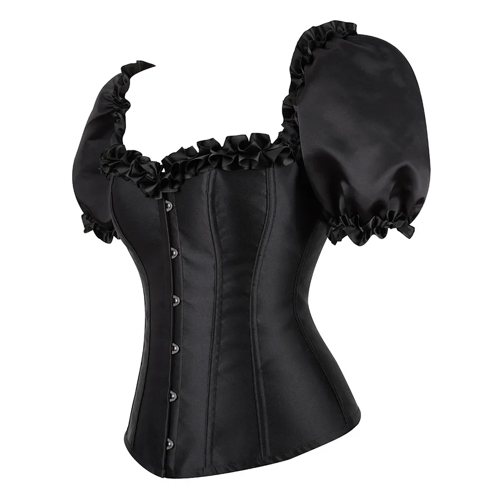 Women Overbust Corset Top Ruffle Puff Short Sleeve Bustier Lace up Corsetto Gothic Sexy Waist Cincher Korset Black