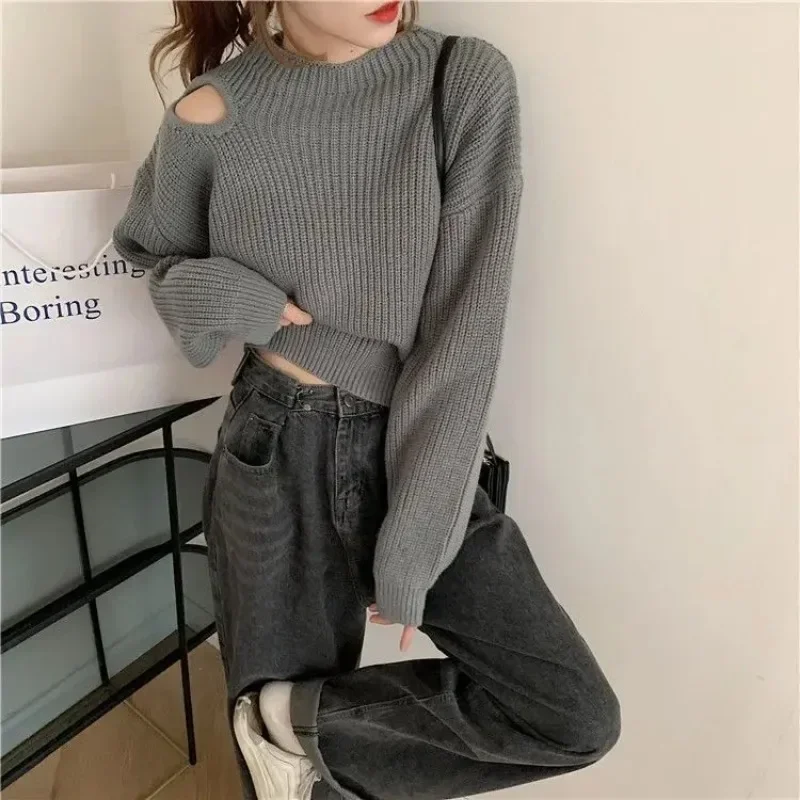 Black Women's Sweater Pullovers Off The Shoulder Round O Neck Grey Knit Tops for Woman Autumn Winter 2024 Trend Aesthetic Jumper