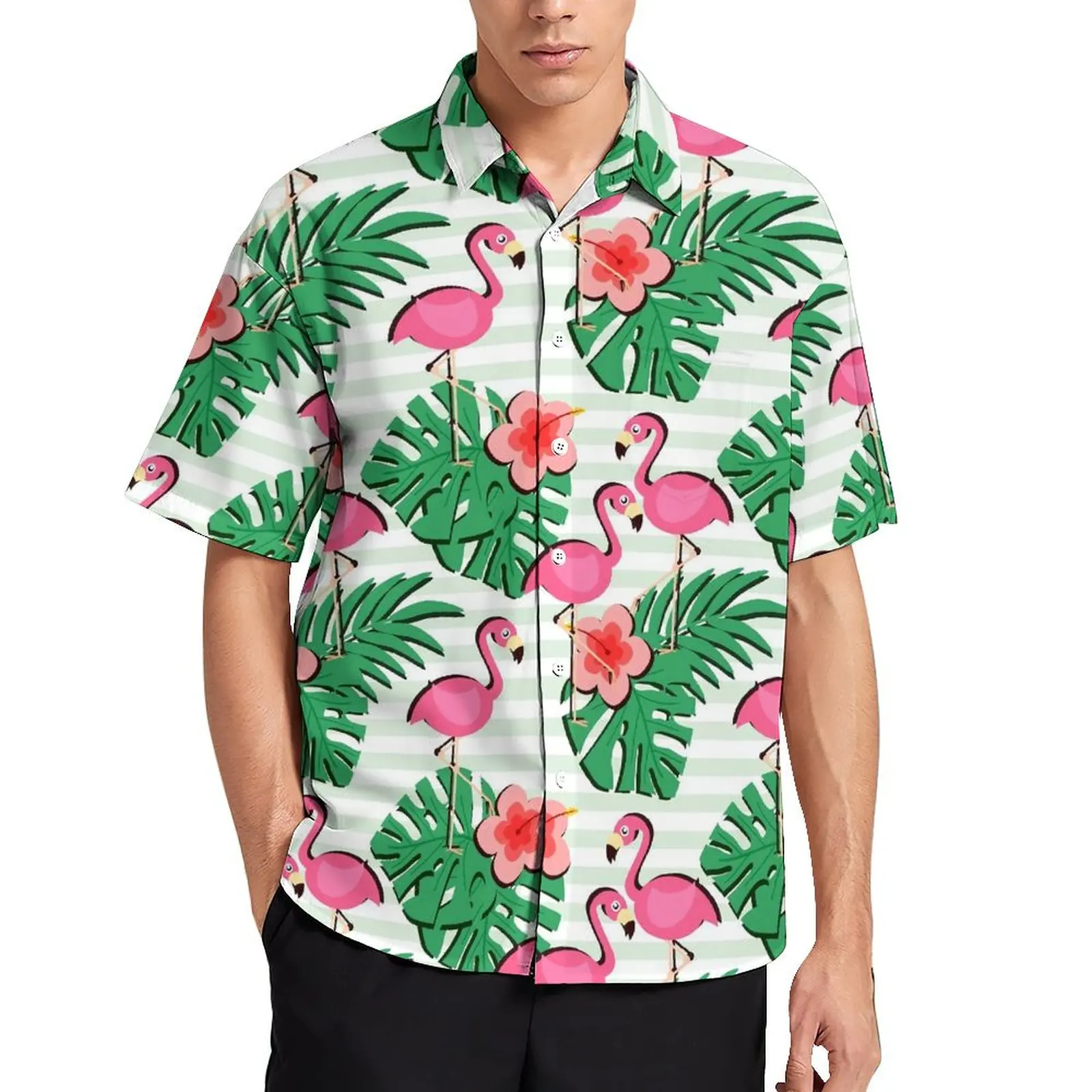 

Pink Flamingo Vacation Shirt Tropical Leaves Print Hawaiian Casual Shirts Male Vintage Blouses Short Sleeve Streetwear Clothing