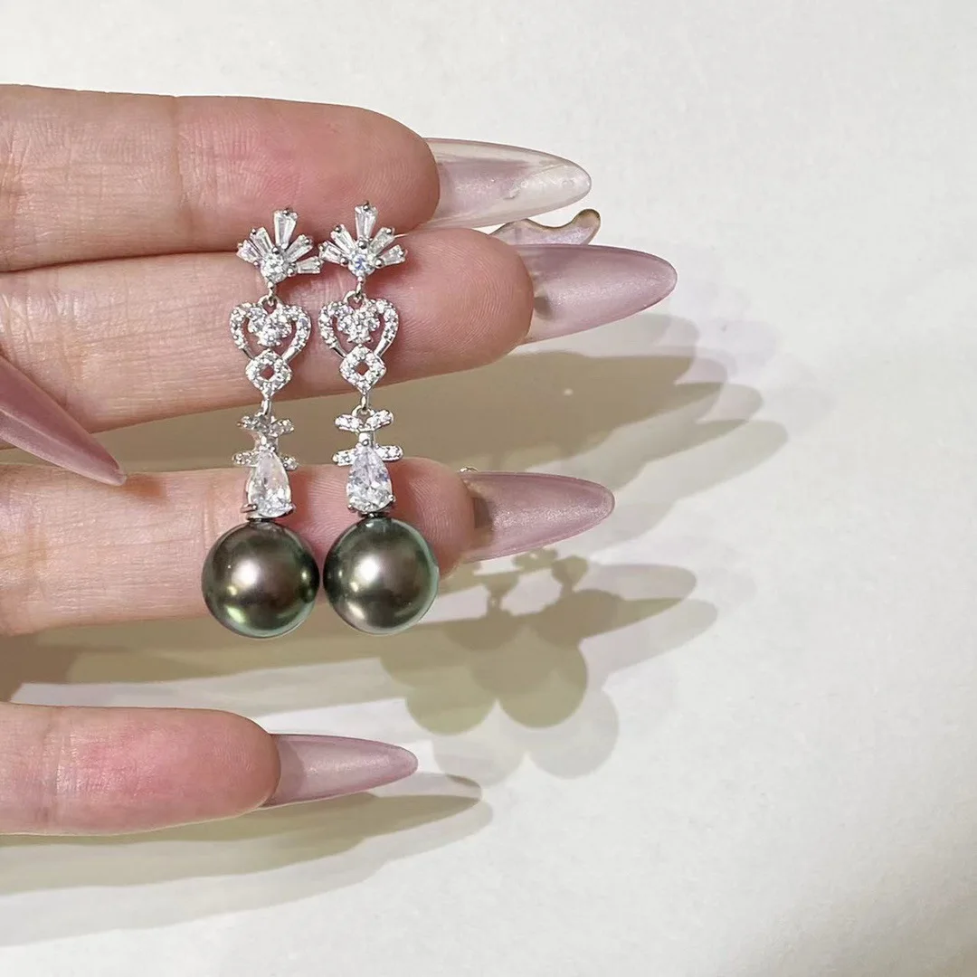 

Элегантные серьги AAAA9-10 мм 10-11 мм, круглые серьги с натуральным таитянским черным жемчугом 925s