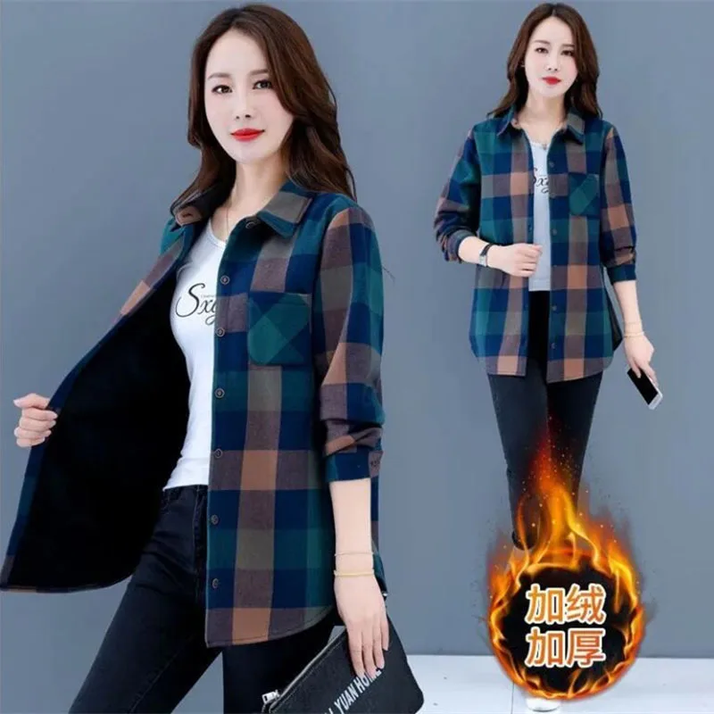 Add Velvet Thicken Cotton Plaid Shirt Blouse 2023 Spring Autumn Winter New Korean Version Retro Casual Shirts Jacket Female Tops