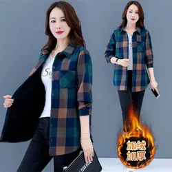 Add Velvet Thicken Cotton Plaid Shirt Blouse Spring Autumn Winter New Korean Version Retro Casual Shirts Jacket Female Tops
