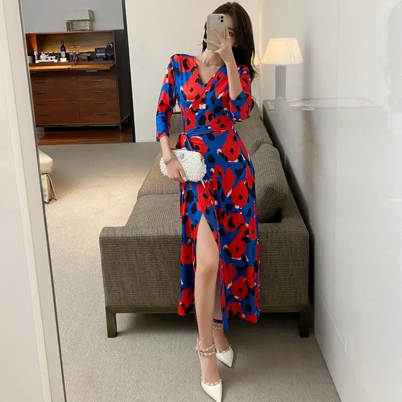 Koreanische Elegante Neue Sommer Boho Floral Gedruckt Lange Kleider Frauen Spitze Up Dünne Vestidos Beachwear Seite Split Casual Strand Kleid