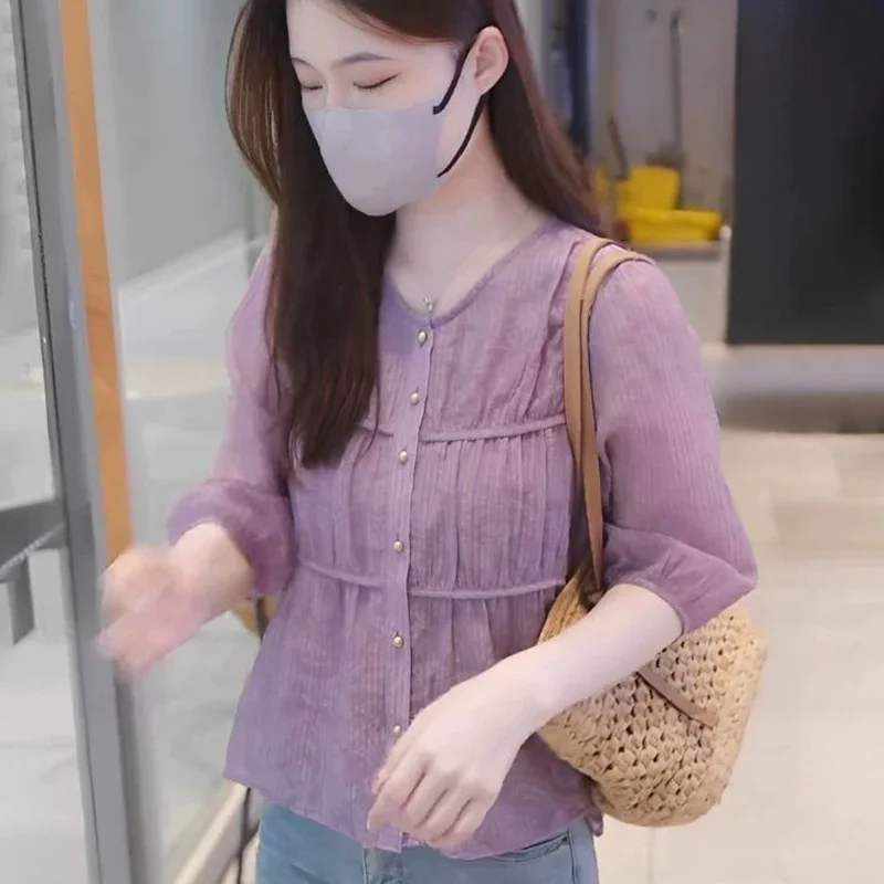 

Ele round Ne Thin Chiffon irt Women's Summer 2025 New Sle Faionable Unique Beautiful Small Top Quali Ladies' irt