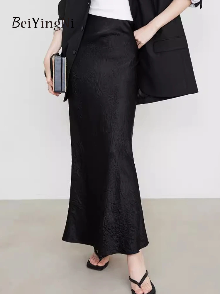 Beiyingni Summer Elegant Women's Satin Long Maxi Skirt 2025 New Fashion Office Ladies Patterns High Street Skirts Casual Slim