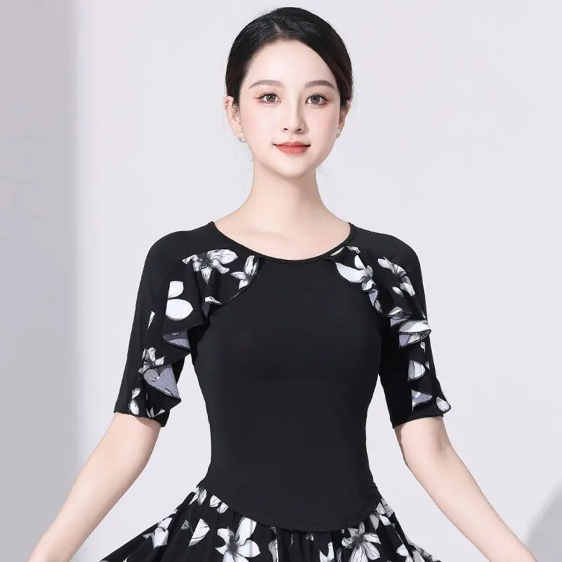 2025 Ballroom Dance Costume Blouses Ladies Modern Standard Tops Latin Flamenco Tango Waltz Latin Salsa Dancewear printing Tops