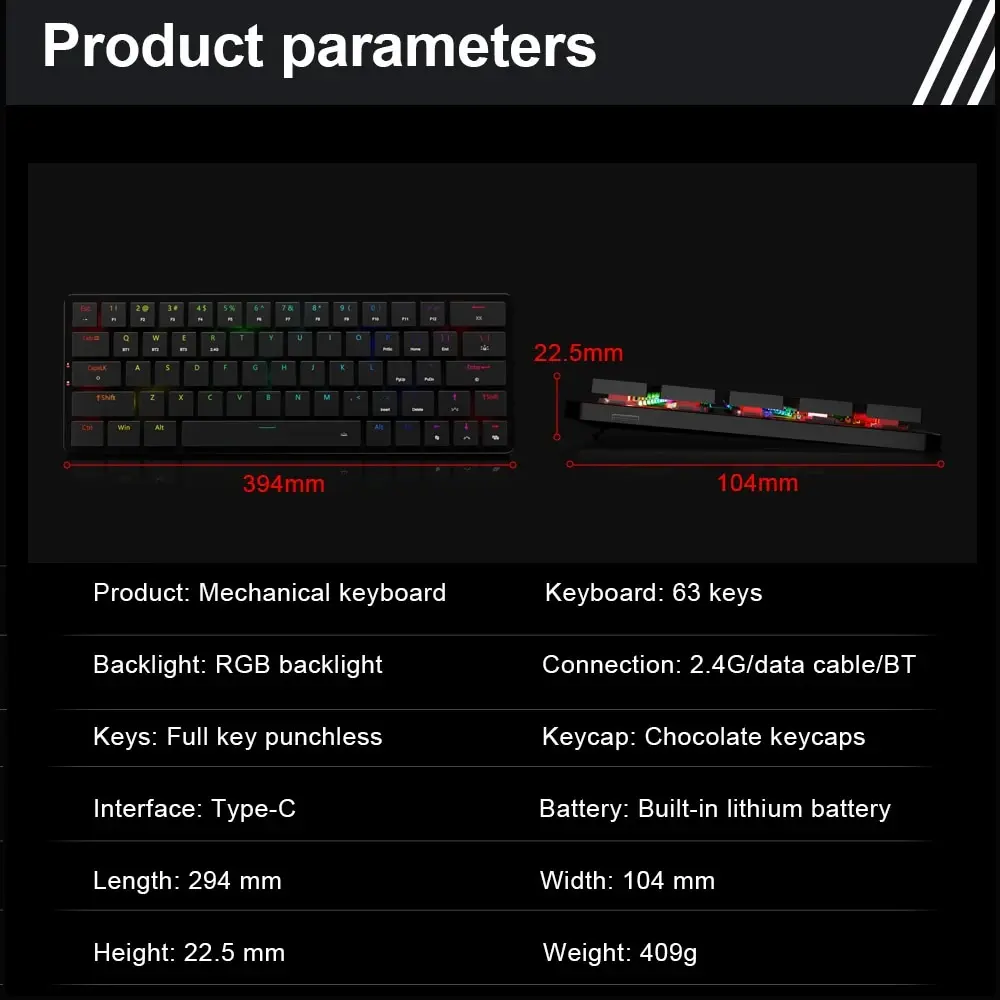 REDRAGON Elise Pro K624P RGB Super Slim Teclado Mecânico Para Jogos Suporte USB Sem Fio Bluetooth 2.4G 63 Teclas para Compute PC