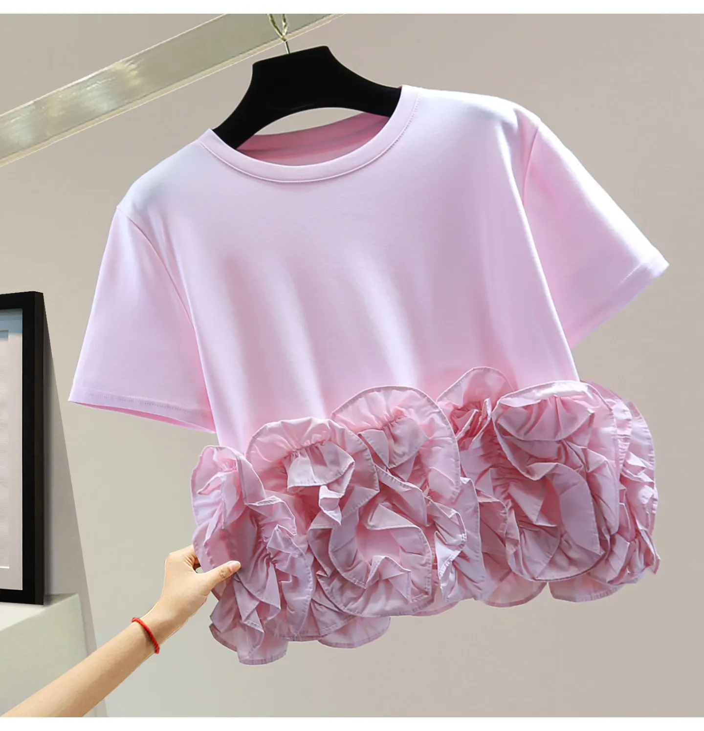 

Женская модная футболка с круглым вырезом, оборками и пэчворком, укороченная, однотонная, эластичная, с коротким рукавом, весна-лето 2026