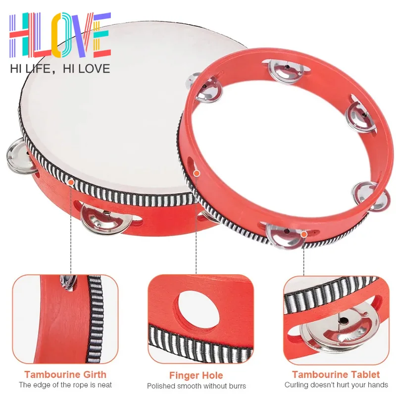 6 Inch Imitation Sheep Skin Head Tambourine Drum 4 Pairs Jingles Wooden Frame Head Musical Tambourine Beat Instrument Hand Drum