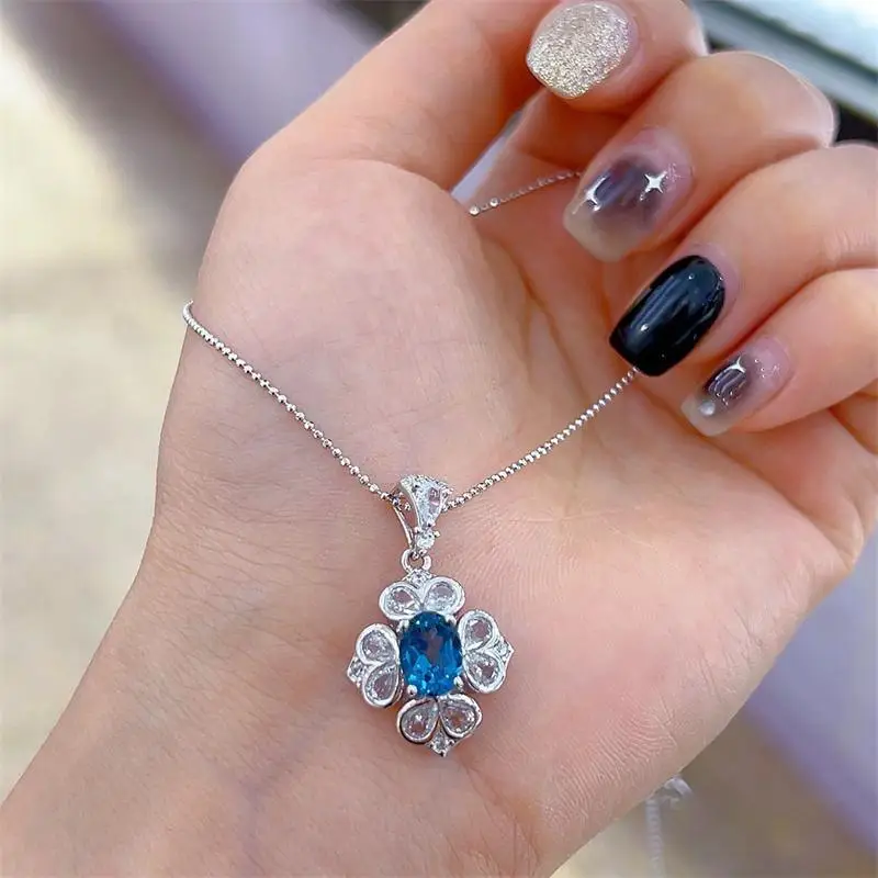 

ZECAA Fine Jewelry Woman Topaz Pendant With Natural Blue Topaz Gemstone 6*9mm Silver Lady Pendant Jewelry For Wedding Gift