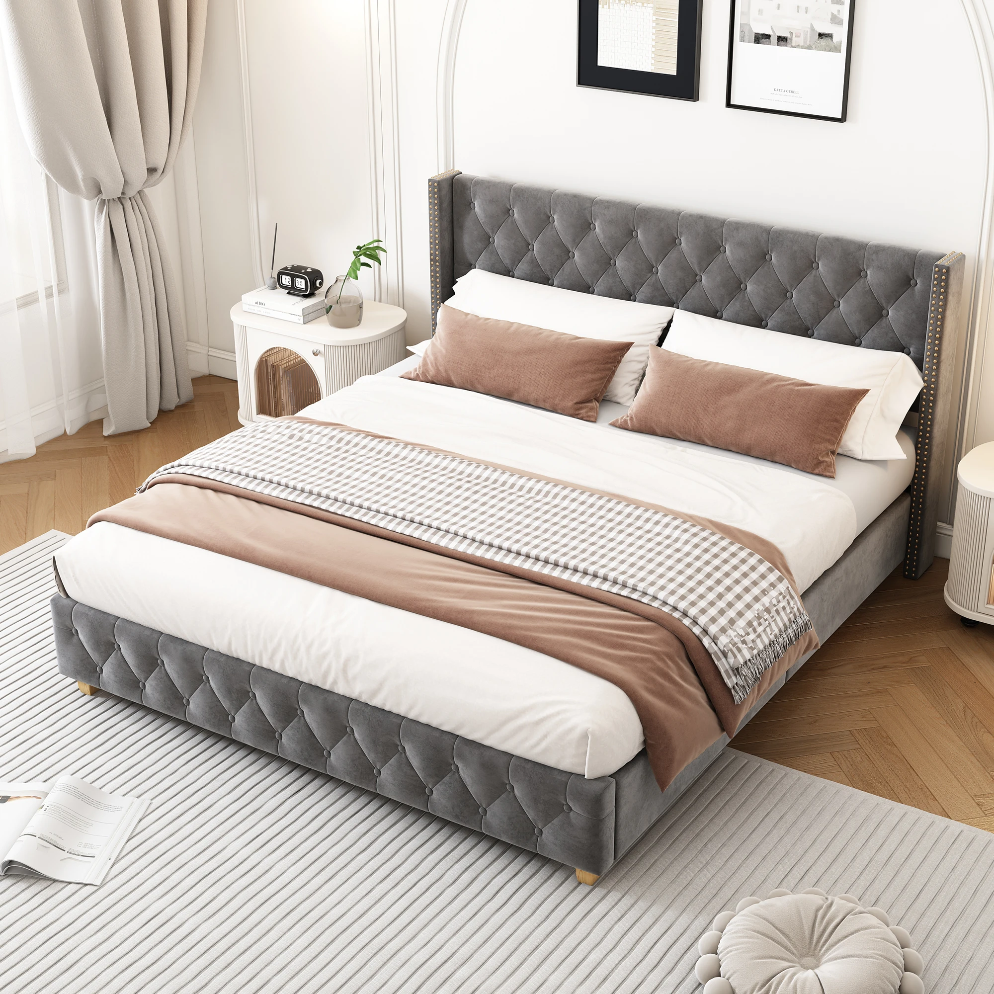 Lit double 160x200 cm - Lit double rembourré avec tête de lit boutonnée et sommier - Velours - Sans matelas - Gris