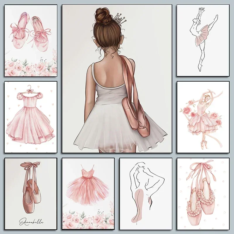 (No frame)Modern Pink Ballet Dancer Watercolor Posters Minimalism Ballet Shoes Prints Canvas Painting Wall Pictures Home Girl