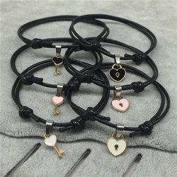 2pcs/set Minimalist Couple Bracelet, Enamel Key, Love Lock Bracelet, Adjustable Wax Rope Bracelet, Unisex Accessory For Men And