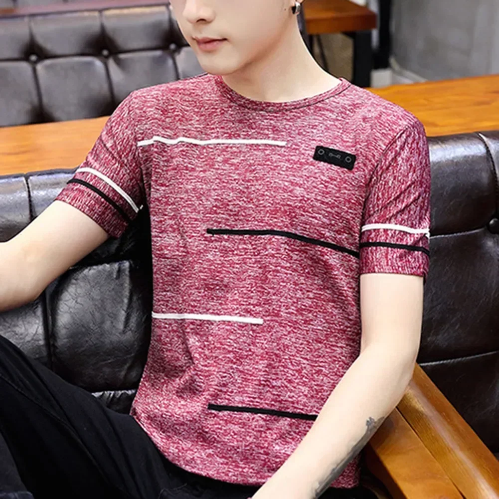 

Beach Outing Mens Striped T-Shirt Short Sleeve Striped Print Top T-shirt 5XL Blue O Neck Style Polyester Regular Length