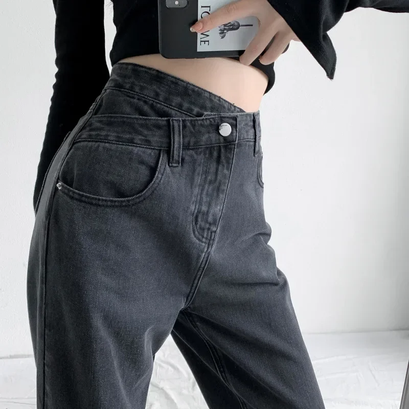 Spodnie z szerokimi nogawkami Damskie dżinsy w stylu vintage Wysoka talia Luźny krój Podstawy Pełna długość Kieszenie Guzik 2025 Casual Denim Proste spodnie — zdjęcie 3