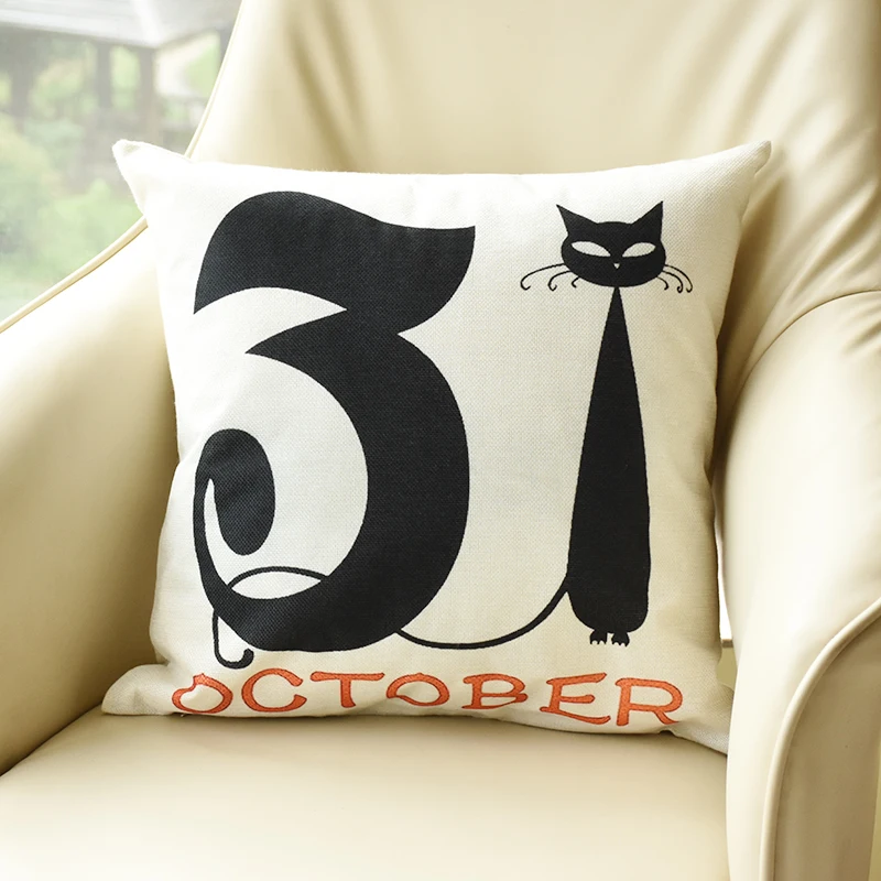 45x45cm Halloween Linen Pillow Funny Spider Web Skeleton Black Cat Print Cushion Halloween Trick Or Treat Party Horror Supplies