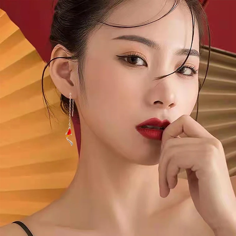 Good Luck Koi Ear Line Lucky Goldfish Silver Color Drop Red Fish Earrings For Women Korean Fashion Jewelry Trendy Gift