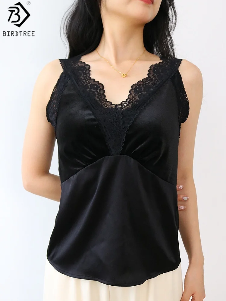 

Birdtree 19 мм, 92% шелк, 8% спандекс, черная майка, женская эластичная атласная кружевная бархатная осенняя жилетка с v-образным вырезом T59115JF