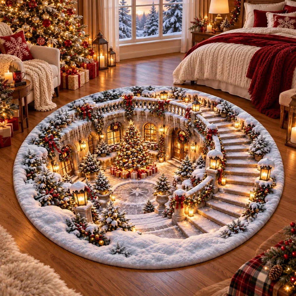 Christmas Santa Claus Area Rug Christmas snow scenery Secret Library Floor Mat Festive Living Room Entryway Floral Circle Rug