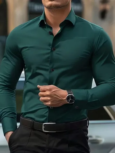 Imagen 2 del producto Camisa de manga larga con botones negros de Color puro para hombre, camisa informal de negocios, Tops, otoño