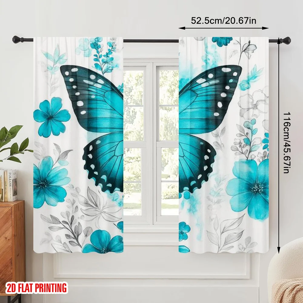 2pcs,2D plane printing Curtains&Window Treatment Blue Blossom Flutters Versatile 100% Polyester (without rod) Room Decor for