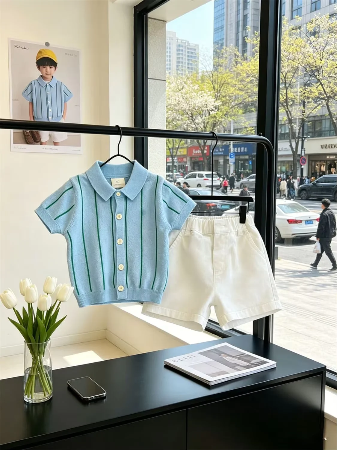 Boys' Set Summer New Item Children's Blue Striped Polo Collar Thin Short Sleeved Knitted Shirt Casual Shorts Two-piece set