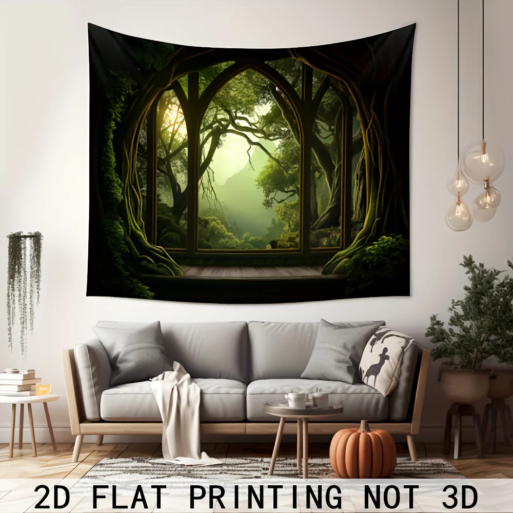 VIKAMA Forest Tree Window Secret Tapestry Hobbit Style Fake Window Wall Hanging for Bedroom Living Room Homestay Deco