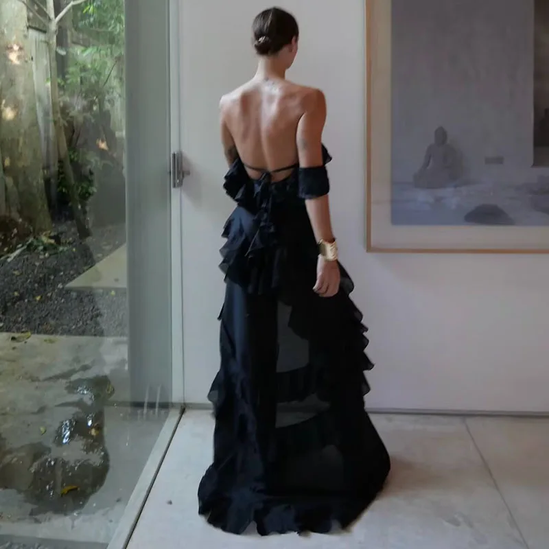 Y2K Rufflesไม่สม่ําเสมอชุดผู้หญิงเซ็กซี่บางSheer Offชุดชีฟองไหล่ผู้หญิงแฟชั่นBackless Lace Up SlashคอRobe