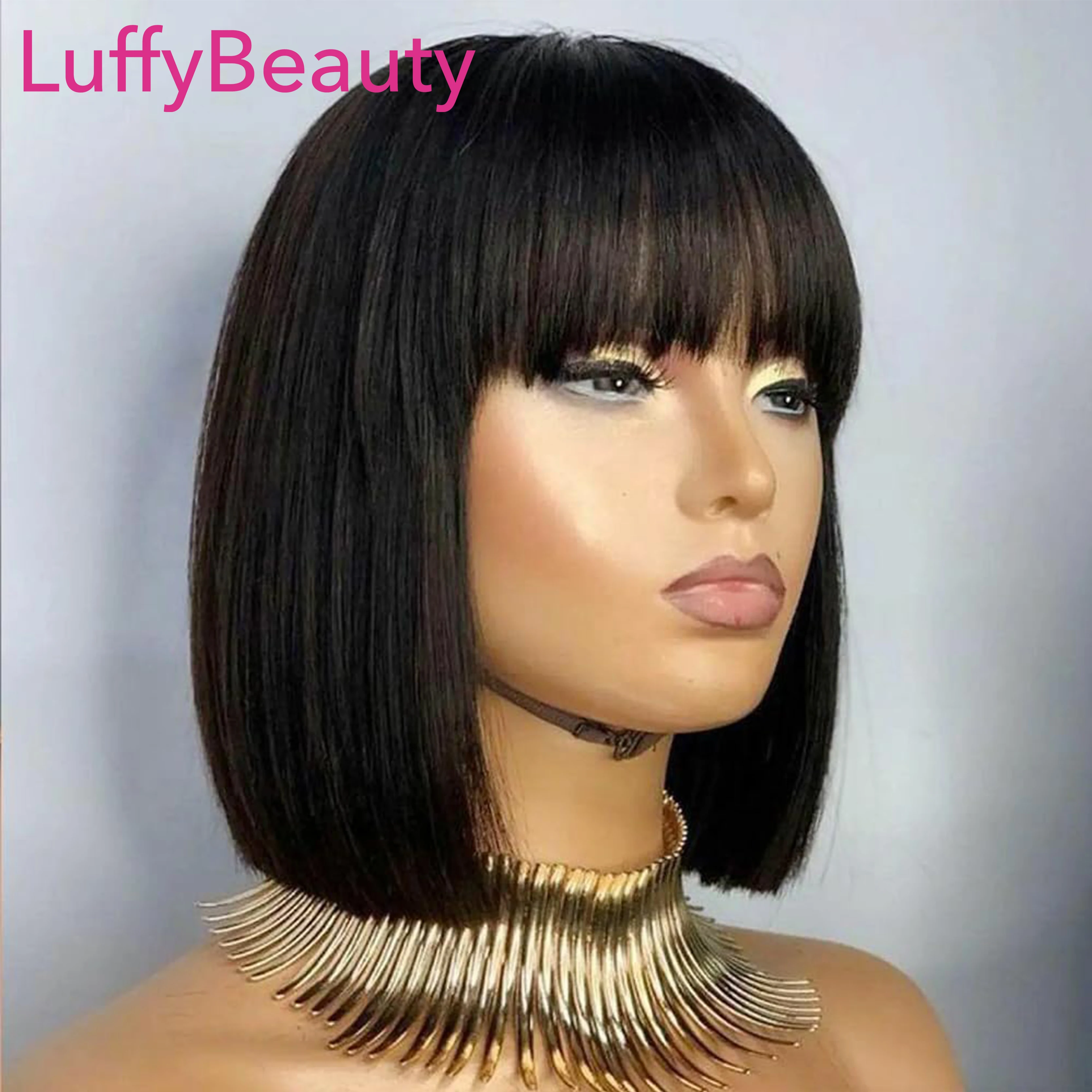 

Human Hair Short Straight Bob Wig With Bangs Glueless Machine Made Scalp Top Wig Straight Wig Brazilian Human Hair For Women