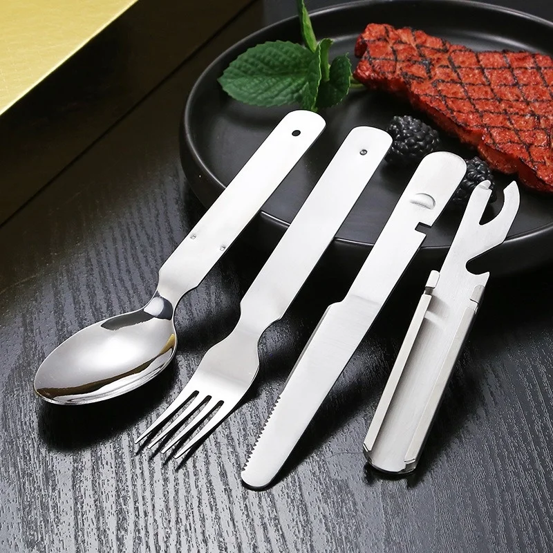 

Stainless Steel Portable Outdoor Camping Multi-functional Combination Cutlery Knife and Fork Set Military Fan Fork and Spoon