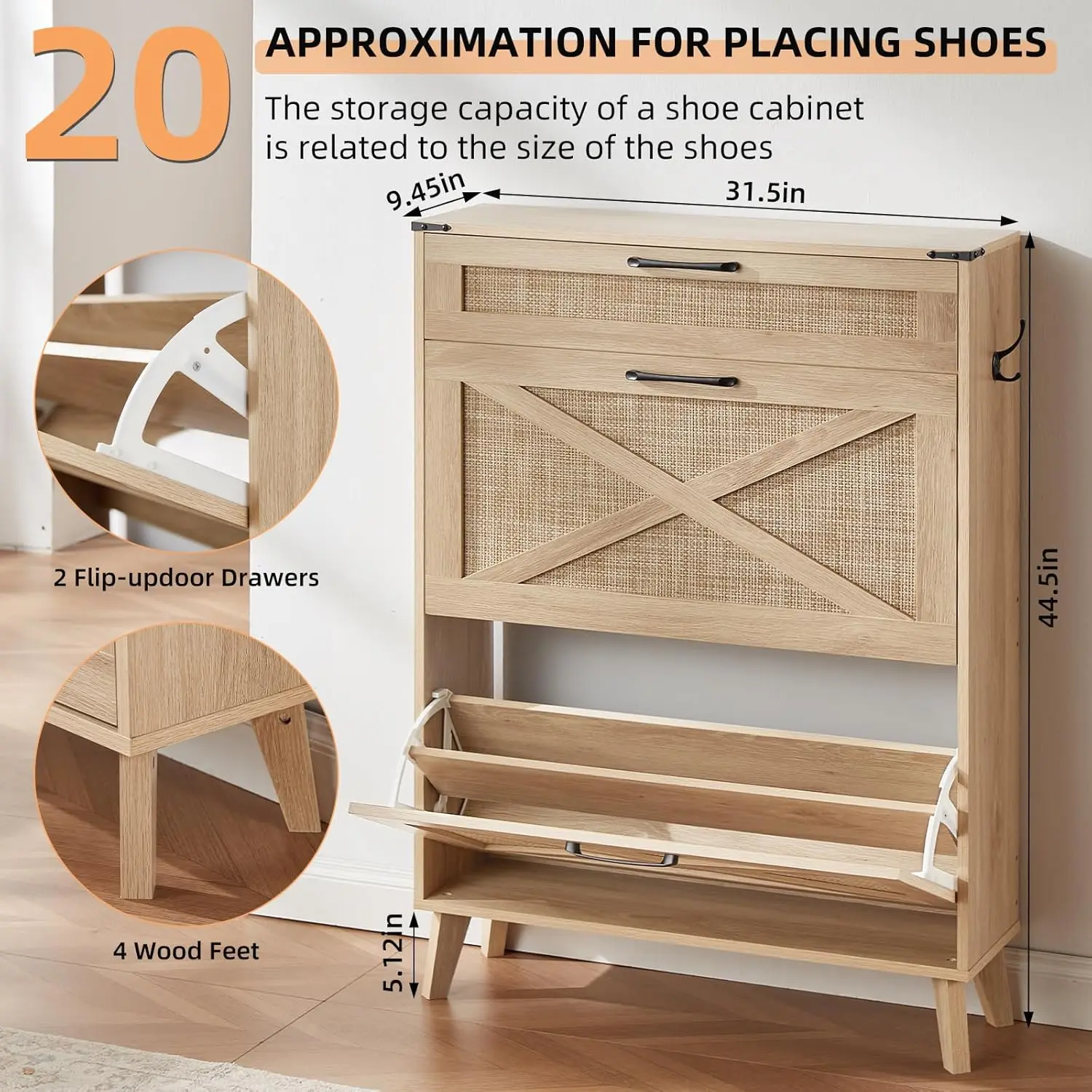 

Shoe Storage Cabinet for Entryway with 2 Rattan Flip Drawers, Boho Narrow Shoe Cabinets for 16-20 Pairs Shoes with Large Drawers