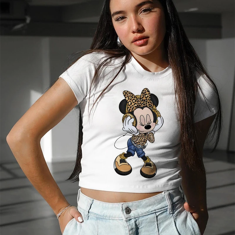 Mickey Tshirt 90s Y2k Minnie Mouse Hat Print Crop Top Tee T-shirt Women Fashion T Shirt Female Clothes Kawaii Disney T Shirt