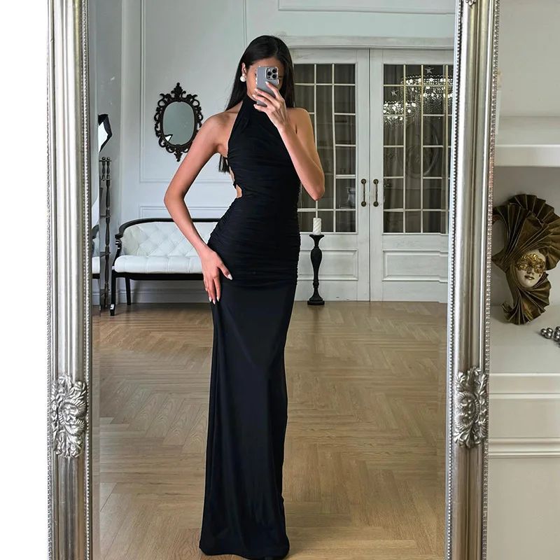 Vestido de noche sin tirantes con espalda descubierta y cuello redondo sin mangas de Color sólido para mujer Verano 2025