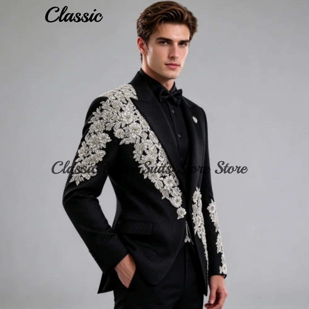 Customized Applique Men Suits 3 Pieces Sets Sparkly Crystal Male Party Blazers Groom Wedding Tuxedos Slim Sequin Costume Homme