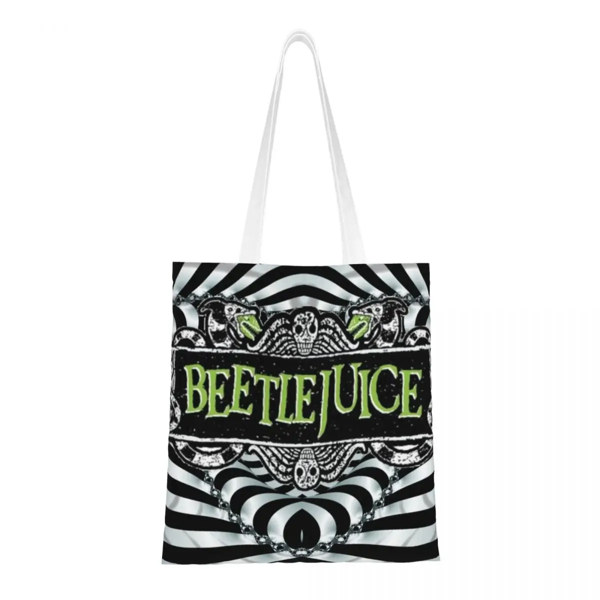 Custom Tim Burton Movie Beetlejuice Shopping Canvas Bags Women Recycling Grocery Tote Shopper Bags