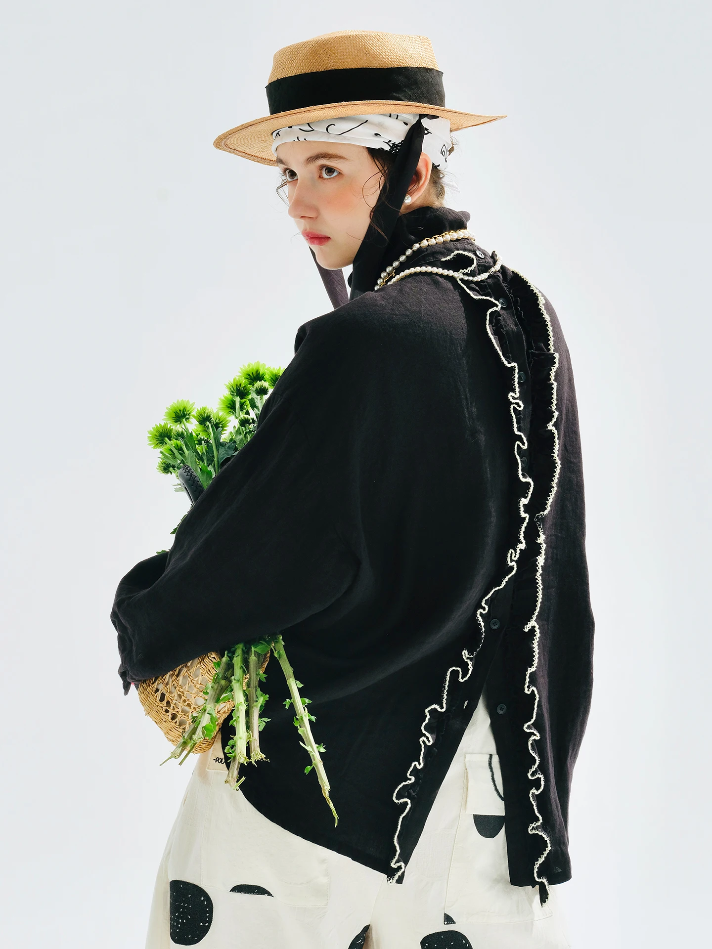 Imakokoni 2025 début automne bord fleuri haut noir décontracté à manches longues femme 255175