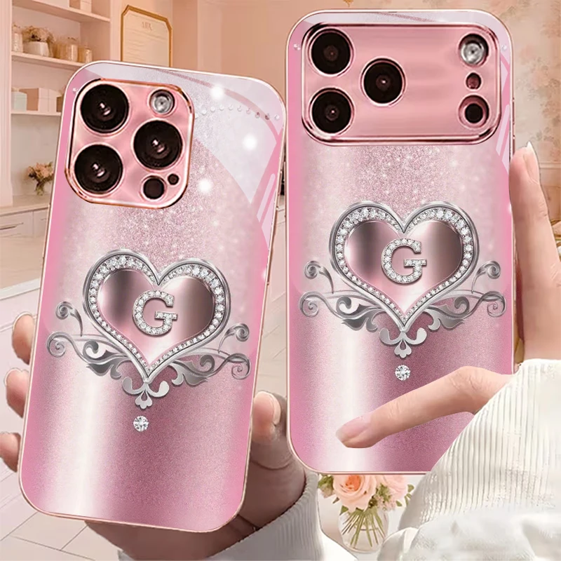 Bling Heart Initial G For Apple Electroplated Pink Phone Case For iPhone 18 17 16 15 14 13 12 11 Pro Max 17Air Plus Glass Cover