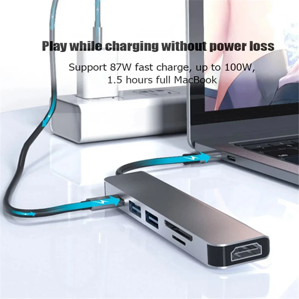 6-in-1 USB C 도킹 스테이션 유형 C 허브 유형 C-HDMI 어댑터 4K30Hz PD 87W USB 3.0 Macbook 용 5Gbps 고속 전송