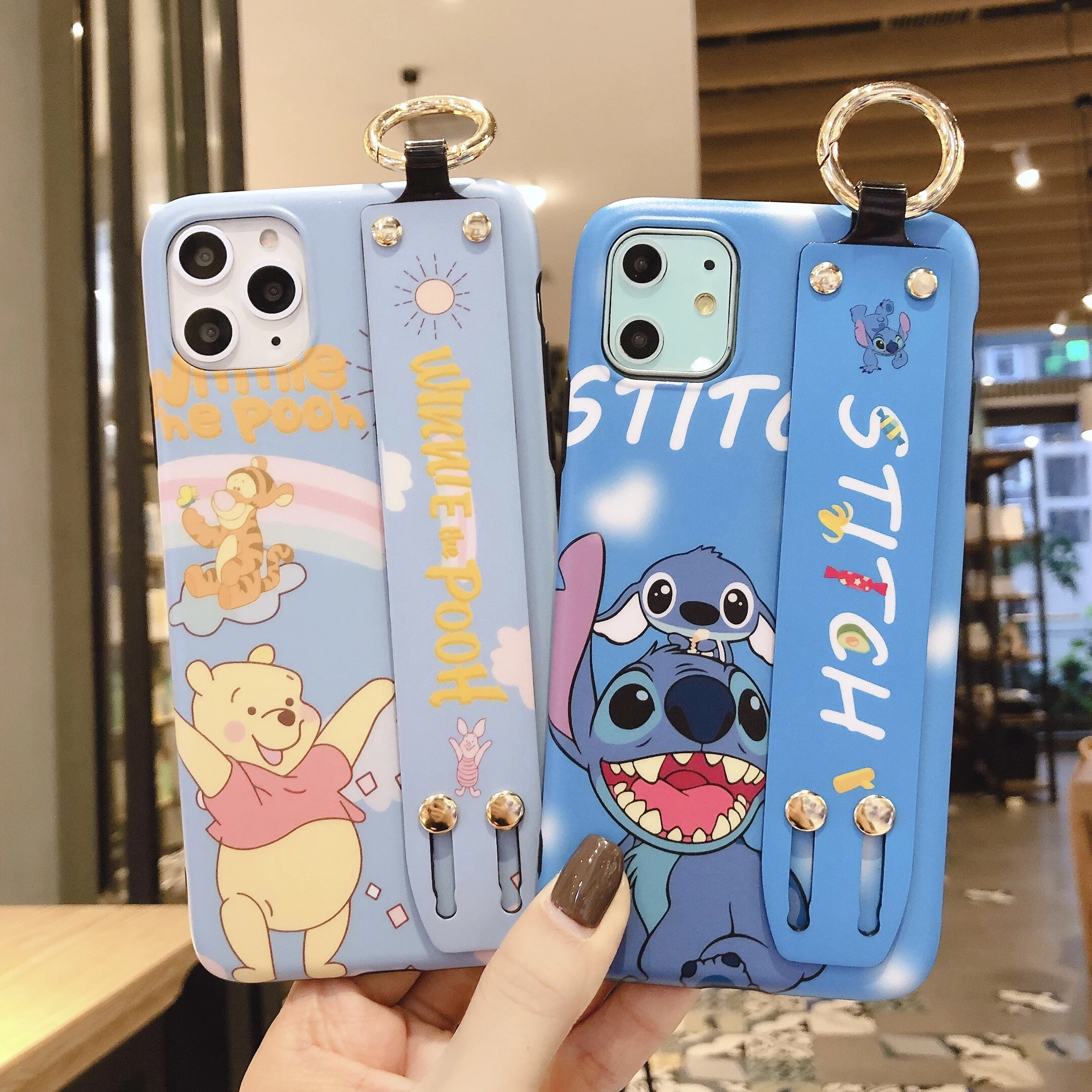 

Trendy Wrist Strap Stand Holder Soft TPU Case for iPhone 7 8 Plus XS MAX X XR 11 12 Pro 13 14 Pro Max Disney Stitch Winnie Bear