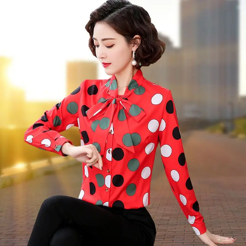Vintage Printed Lace Up Bow Polka Dot Shirt Women's Clothing 2023 Autumn Winter New Loose Casual Tops Office Lady Blouse