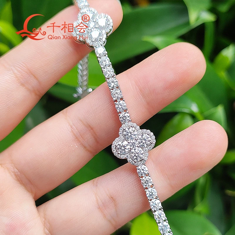 12mm Four Leaf Clover 3mm Tennis Bracelet S925 Sterling Silver  D vvs white Moissanite jewelry Men Women gift GRA  gift party